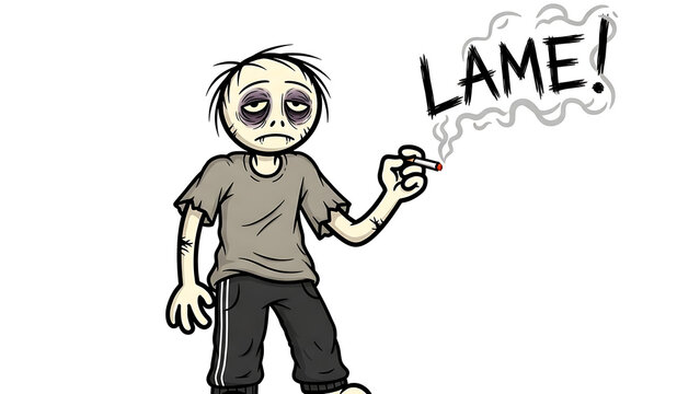 A cartoon zombie holding a cigarette with a speech bubble saying lame in a humorous illustration
