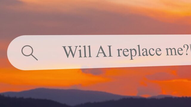 A person types a question about AI in a search bar. It raises concerns about AI replacing human jobs and its impact on the workforce and economy.