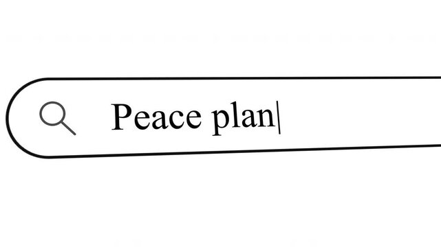 User types peace plan in the search bar to find information about conflict, weapons, and potential resolutions. Focus is on searching for relevant data.