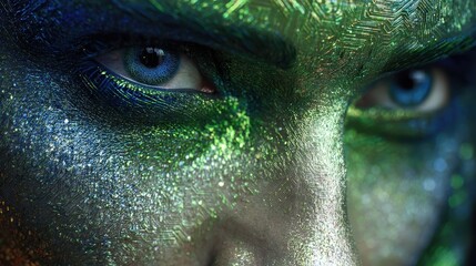 Naklejka premium Intriguing Gaze with nature makeup: A close-up shot capturing a face with a nature-inspired makeup, where the eyes serve as a focal point. Makeup colors reflects the beauty of the earth.