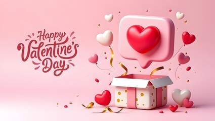 3D gift box with social media like heart notification and balloons for Valentine's Day