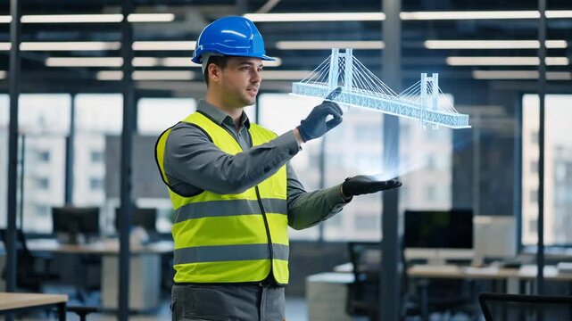 Construction professional displaying a holographic bridge model in a modern office environment, wearing safety gear and gloves