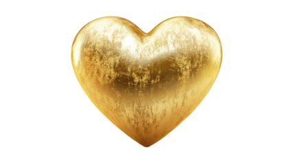 Luxury gold metallic heart icon with realistic texture soft highlights romantic love symbol on transparent background