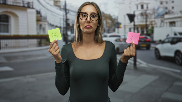 Woman holds two sticky notes with happy and sad faces while standing on a busy city street, arms raised and lips pursed in a comparison pose; indecision choice.