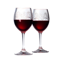 Pair of etched red wine glasses, isolated on transparent background