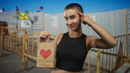 Fototapeta premium Woman with short buzzed hair holds a small paper gift bag stamped with a red heart and points to her head while smiling in a street construction area; playful confidence.