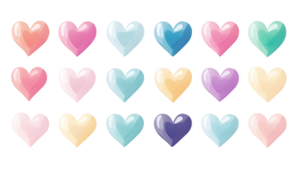 Colorful gradient hearts isolated on transparent background