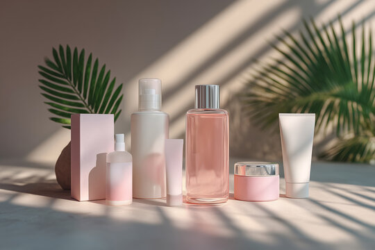 Cosm&eacute;tica minimalista en tonos pastel con luz natural, Pack de productos de belleza con packaging moderno, Mockup para marca de cosm&eacute;tica natural, Publicidad para l&iacute;nea de cuidado de la piel vegana