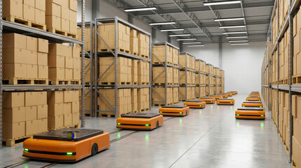 Futuristic automated warehouse with autonomous robots moving plain cardboard boxes