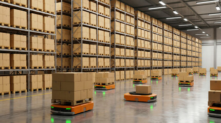 Futuristic automated warehouse with autonomous robots moving plain cardboard boxes