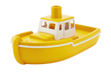 Yellow toy boat with white cabin isolated on a transparent background