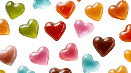 Sweet heart-shaped caramel and hard candy assortment arranged as romantic valentines candy display on transparent background