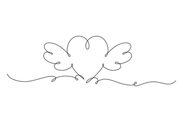 Continuous Line Drawing Heart Icon with Angel Wings. Hand drawn minimal heart line art design. Abstract doodle romantic love concept for valentine card, wedding invitation, web banner and print