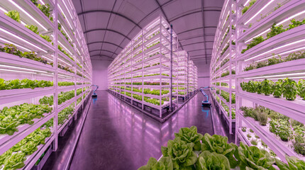 Futuristic indoor vertical farm with green plants and purple LED grow lights