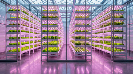 Futuristic indoor vertical farm with green plants and purple LED grow lights