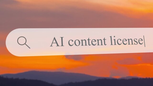 Typing in the search bar to find information on AI content license. The screen shows a landscape background with mountains and a sunset.
