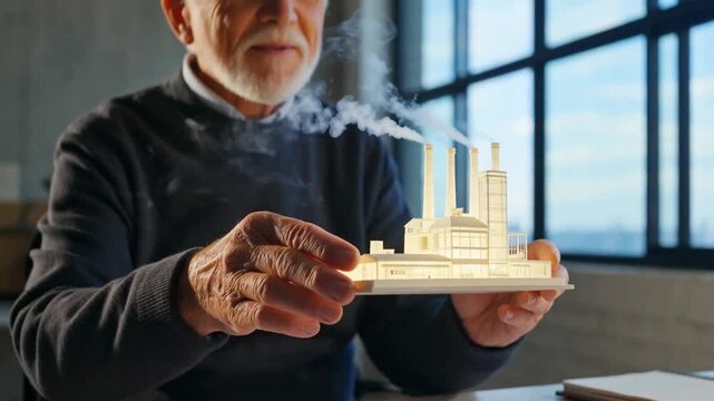 Elderly man holding a glowing architectural model of a factory with smoke, illuminated by natural light from large windows