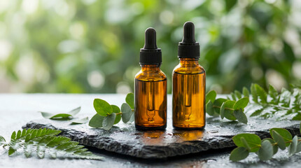 Unbranded amber glass dropper bottle mockup on stone with nature background