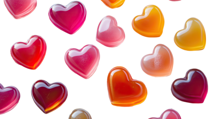 Sweet heart-shaped caramel and hard candy assortment arranged as romantic valentines candy display on transparent background