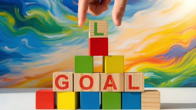 Hand building a colorful block tower with the word GOAL