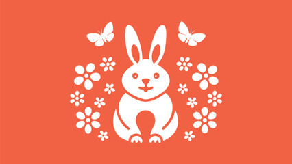 Fototapeta premium Adorable white rabbit with butterflies and flowers on orange background