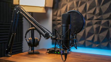 Close-up of generic professional microphone in podcast studio setting