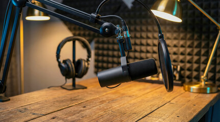 Close-up of generic professional microphone in podcast studio setting