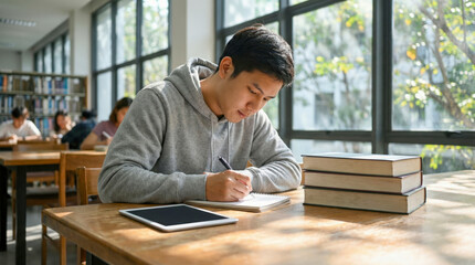 Student studying with tablet and notebooks in sunlit modern library