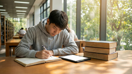 Student studying with tablet and notebooks in sunlit modern library