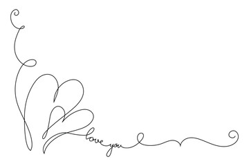 Continuous Line Drawing of Two Heart Icons. Hand drawn minimal heart line art design. Abstract doodle romantic love concept for valentine card, wedding invitation, web banner and print. Vector