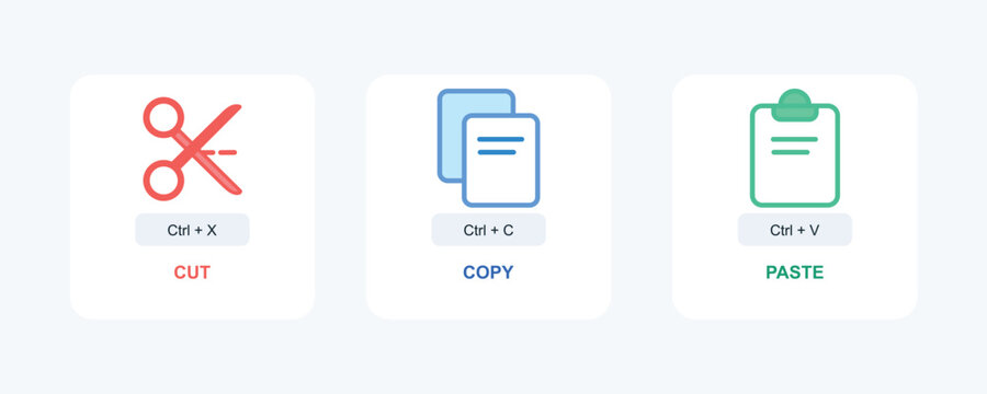 Cut, copy and paste icons vector set for office work, computer shortcuts, software interfaces and productivity tools. Clean flat UI icons for web and app design.