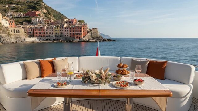 A luxurious outdoor dining setup on a yacht terrace overlooking a Mediterranean coastal town, featuring a relaxed brunch with sea views and elegant leisure atmosphere.