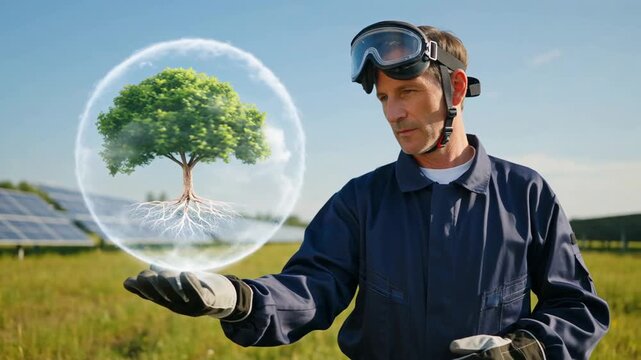 Engineer in protective gear holding a glowing tree inside a bubble amidst solar panels and green grass, symbolizing innovation and sustainability
