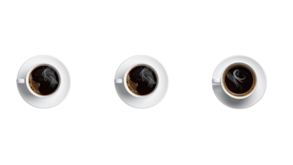 Top View White Ceramic Coffee Cup with Hot Black Coffee and Steam, Isolated PNG