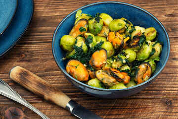 Warm Brussels Sprouts and Mussels Salad.