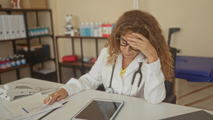 Woman doctor flipping patient papers at clinic desk while holding forehead in a tired gesture;...