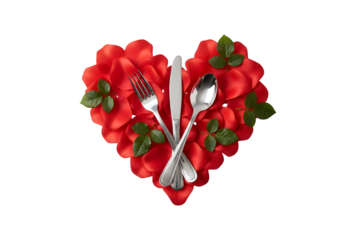 a knife, fork, and a swirl inside a red heart with green leaves

