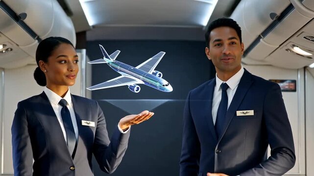 Two flight attendants showcasing a holographic airplane in a modern aircraft interior with a futuristic ambiance