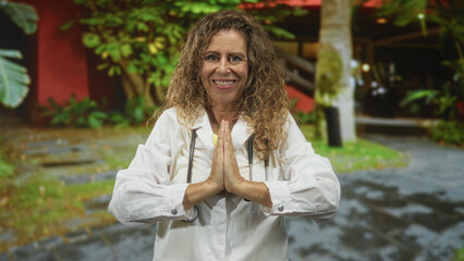 Woman doctor in white coat with stethoscope, hands pressed together prayer gesture and slight smile in clinic courtyard near plants and building entrance; calm compassion.
