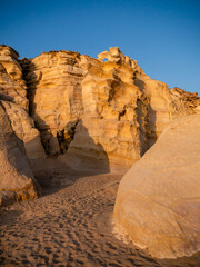 Rock formations in the Ras Al-Jinz turtle sanctuary in Oman in the morning light.