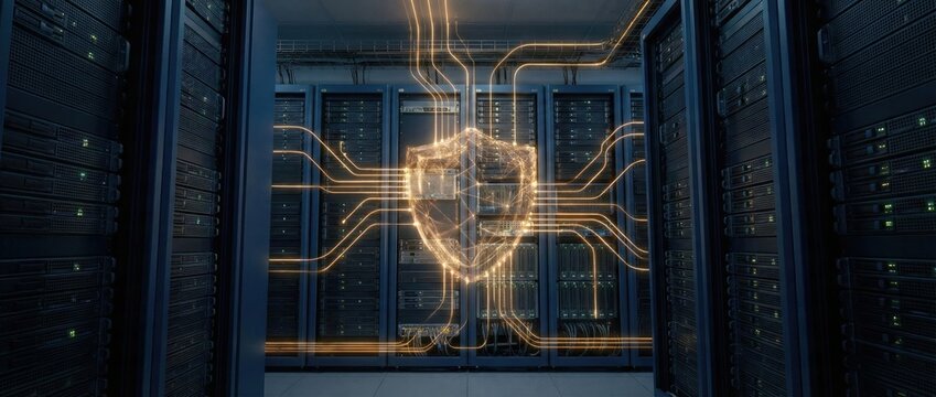 Digital shield icon connected to glowing data streams in secure server room representing cybersecurity and network protection