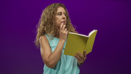 Woman holding a yellow book open, hand on chin and fingers touching face, reading pages in a studio with purple backdrop and studio lighting; contemplation.