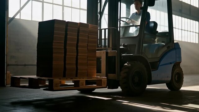 Forklift operator moving wooden pallets in a sunlit warehouse with dust particles in the air