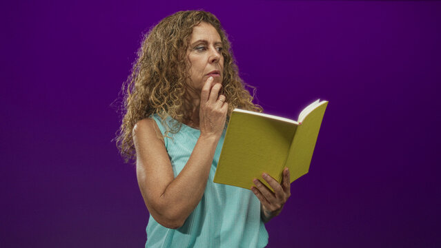 Woman holding a yellow book open, hand on chin and fingers touching face, reading pages in a studio with purple backdrop and studio lighting; contemplation. - Powered by Adobe