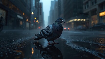 Pigeon in rainy city