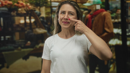 Blonde woman in white t shirt points finger to nose with a gentle subtle smile in a building; playful expression identity.