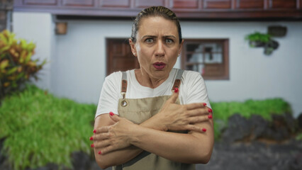 Middle age blonde woman with ponytail clapping hands at building entrance in bright daylight; encouragement optimism.