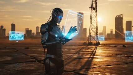 A futuristic robot analyzing holographic data against an urban skyline during sunset, with vivid colors illuminating its metallic features - Powered by Adobe