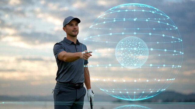 A golfer interacting with a holographic sphere while standing on a golf course during sunset, showcasing advanced digital technology