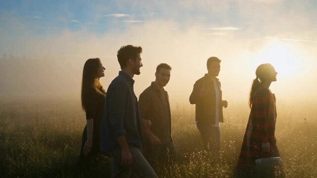 Group of five individuals walking confidently through a misty field at sunrise, surrounded by soft light and nature's tranquility